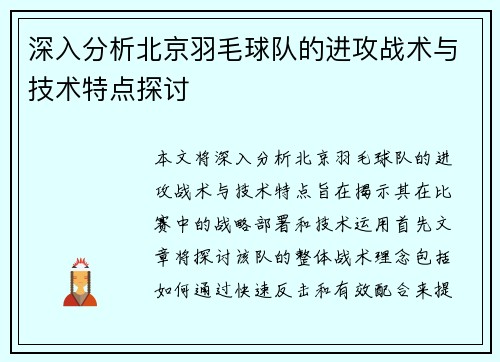 深入分析北京羽毛球队的进攻战术与技术特点探讨